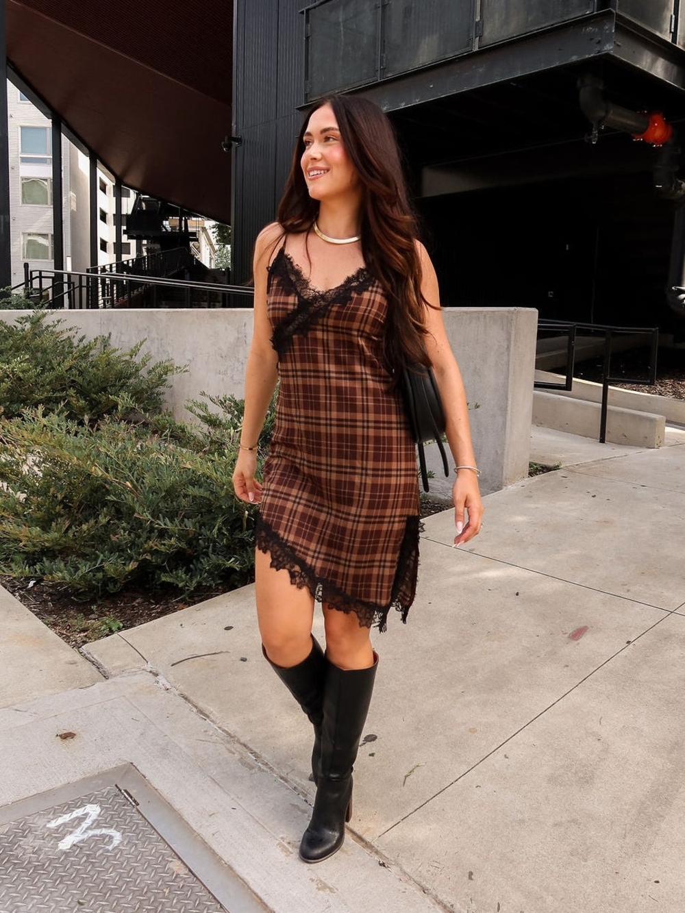 Gabby Plaid & Lace Asymmetric Slip Dress